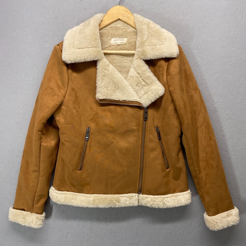 Solitaire Jacket Womens Medium Brown Moto Faux Suede Faux Fur Ski Biker